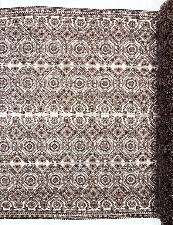 Brown Geometric Beaded Lace Fabric, Heavy Embroidered Mesh for Bridal and Evening Gowns