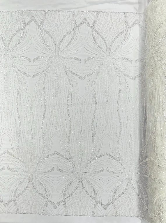 Ivory  Palm Beaded Lace Fabric, Heavy Embroidered Design on 58" Mesh for Dresses