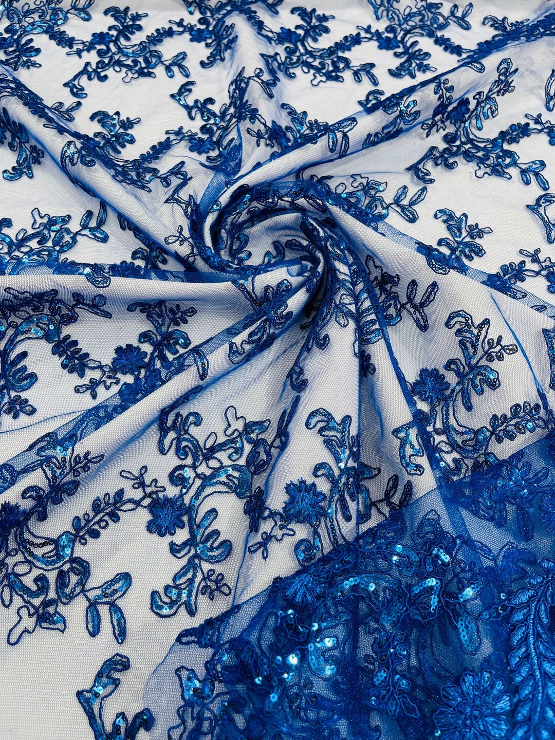 Royal Blue Flower Girl Embroider With Sequins On A Mesh-prom-nightgown-decorations-dresses-sold by the yard