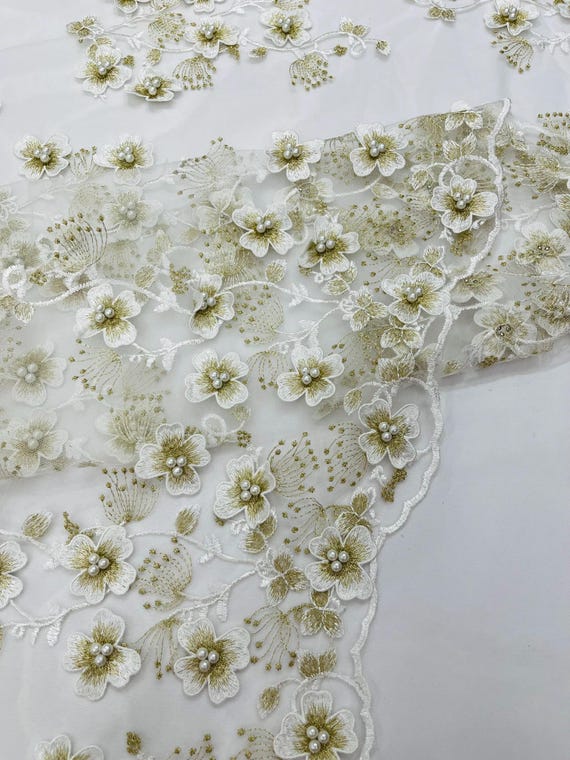 Ivory Multi Color 3D Floral Design Embroider with Pearls in a Mesh Lace -Sold by the yard.
