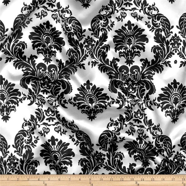 Charmeuse Satin Damask White/Black, Fabric by the Yard