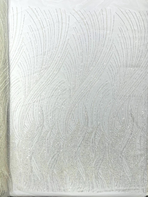 Ivory Flame Fashion Beaded Lace Fabric| Prom| Wedding| By The Yard.