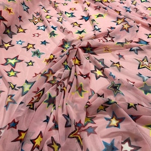 Star Design on a Pink Power Mesh 4-Way Stretch 58&quot;-Sold By the Yard Multicolor
