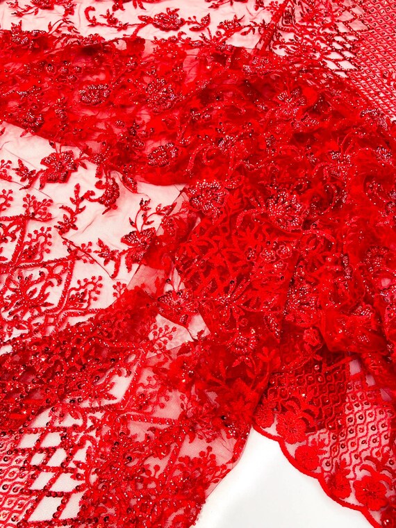 Red Modern Luxury Beaded Fabric 54” Wide- Sold by the yard