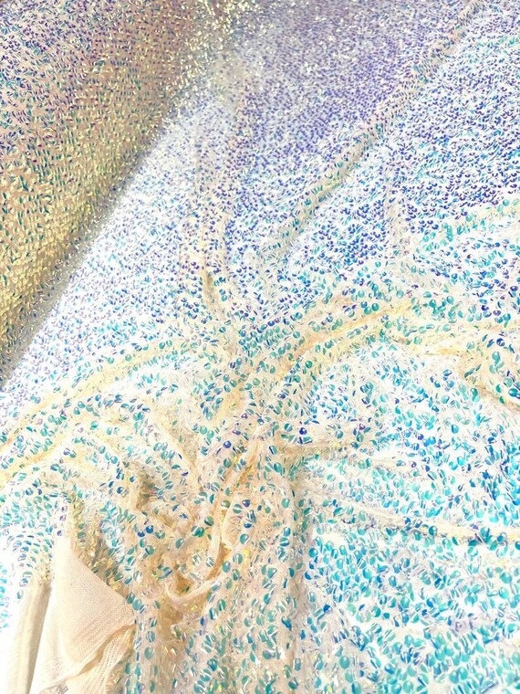 Iridescent Mini Round Paillette Sequins Embroidered On a Nude Stretch Mesh, Sold By The Yard. Aqua Clear