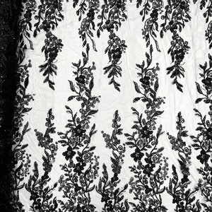 Heavy Beaded Metallic Floral Embroider On a Mesh Lace Fabric-Sold By The Yard- Black