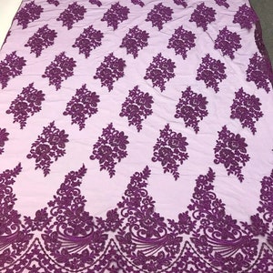 Floral Design Embroider and Corded On a Mesh Lace Fabric-Sold By The Yard. Purple
