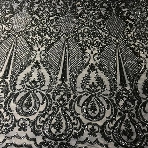 Princess Sequin Design on  4 Way Stretch Mesh Fabric-Prom-Sold By The Yard. Navy Blue