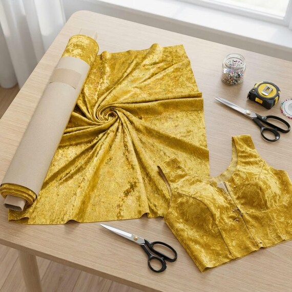 Yellow 59/60" Wide Crushed Stretch Panne Velvet Velour Fabric Sold By The Yard.