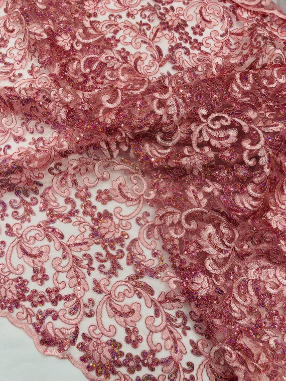 Dusty Pink Metallic Corded Flowers Embroider With Sequins On a Mesh Lace Fabric- Sold By The Yard.