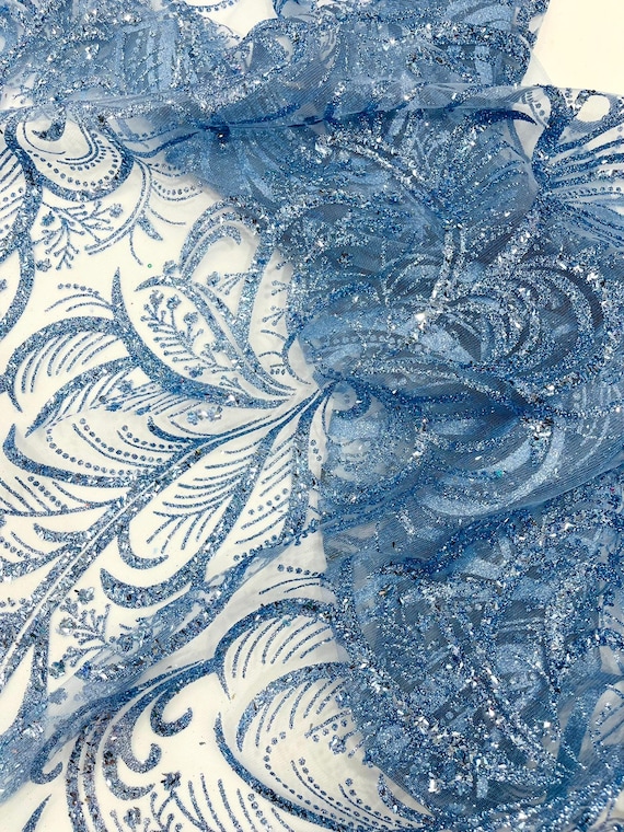 Light Blue Palm Glitter Vine Design On A Mesh Lace Fabric 58"' Wide Prom.