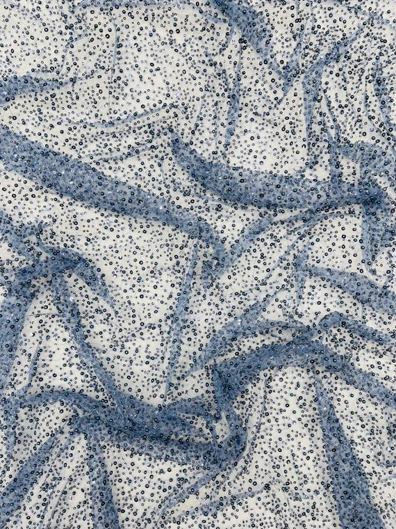 Steel Blue All Over Luxury Beaded Mesh with Pearls, Sequins for Wedding Dresses, Prom Gowns