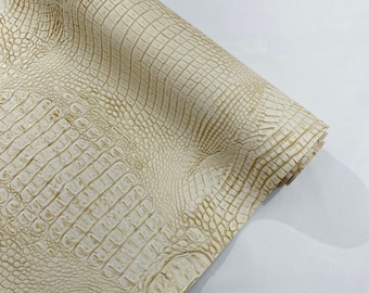 Tapicería de piel sintética de cocodrilo metalizada en dos tonos beige y dorado, textura tridimensional de piel de cocodrilo, vinilo PVC de imitación de piel, 137 cm de ancho
