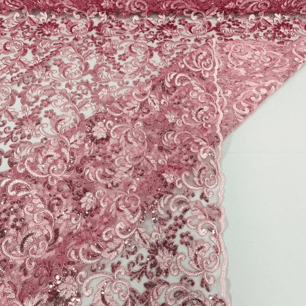 Metallic Corded Flowers Embroider With Sequins On a Mesh Lace Fabric-Prom-Sold By The Yard. Pink