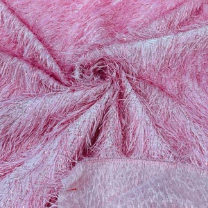 Pink - Shaggy Jacquard Faux Ostrich/Eye Lash Feathers Sewing Fringe With Metallic Thread Fabric By The Yard