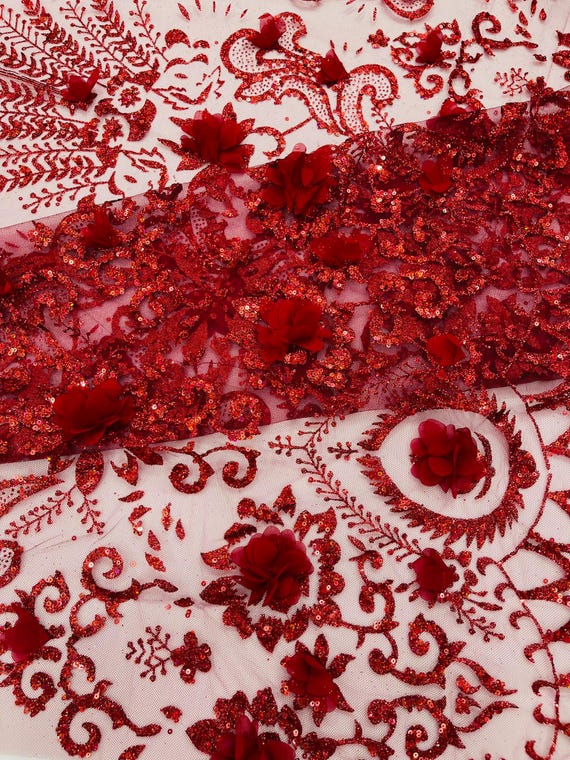 Burgundy Floral 3D Palm Damask with glitter in a Mesh Lace- Sold by the yard.