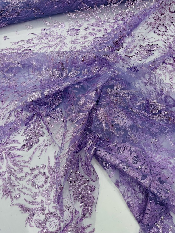 Lilac Big Glitter Damask Design On A Mesh Lace Fabric/Prom/Sold By The Yard