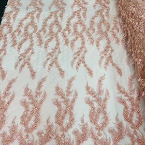 3D Floral Vine Design Embroider and Heavy Beading on a Mesh Lace-Sold By The Yard. Blush Pink