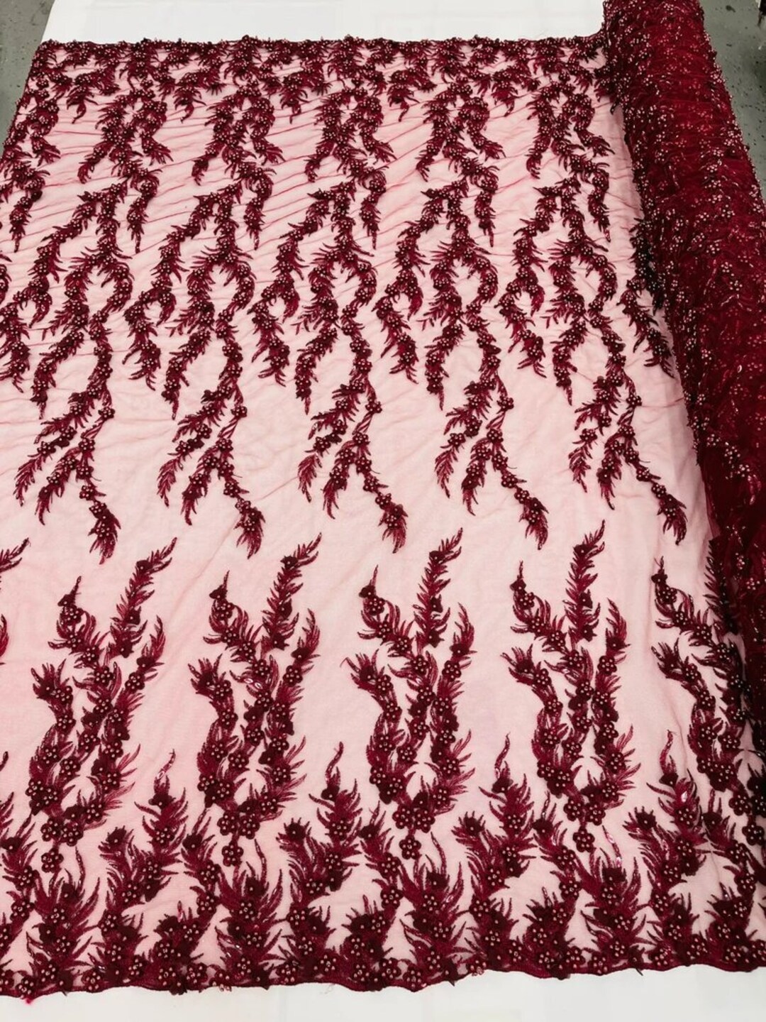 Blush pink 3D floral Vine Design Embroider and heavy beading on a mesh lace-sold by the yard. main image 1