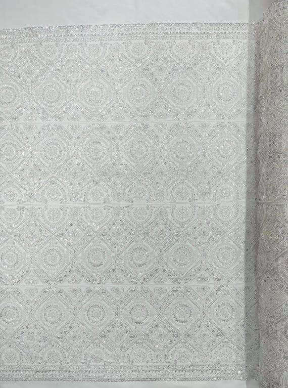 Ivory Geometric Beaded Lace Fabric, Heavy Embroidered Mesh for Bridal and Evening Gowns