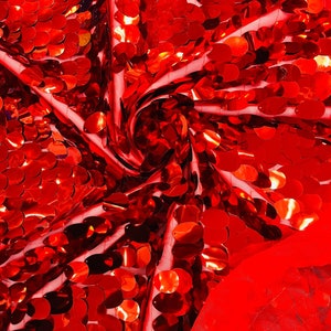 Red Jumbo Sequins Oval Sequin Paillette/Tear Drop Mermaid Big Sequins Fabric On Red Mesh/ 54 Inches Wide.