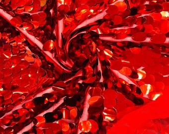 Red Jumbo Sequins Oval Sequin Paillette/Tear Drop Mermaid Big Sequins Fabric On Red Mesh/ 54 Inches Wide.