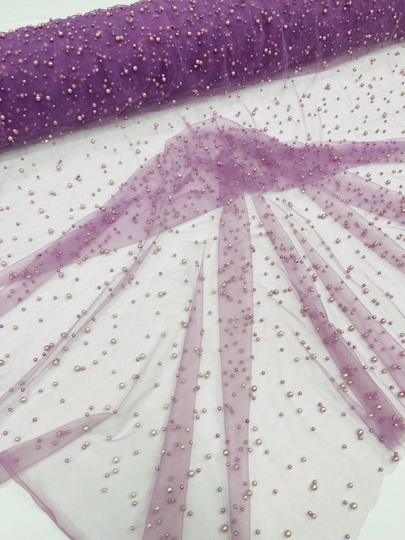 Dark Lilac Heavy Scattered Pearls Studded Mesh, 2-Way Stretch, Sold By The Yard.