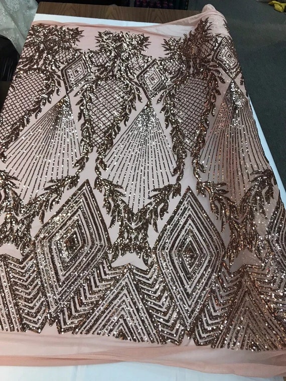 Geometric Diamond Design with Shiny Sequins On a 4 Way Stretch Mesh-Dresses-Prom-Nightgown-Sold By The Yard- Khaki Nude