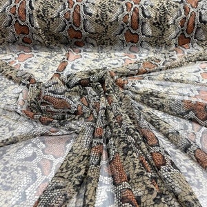 Sheer Rattle Snake Design Print on Power Mesh 4-Way Stretch 58/60” Sold by The Yard Brown Tan