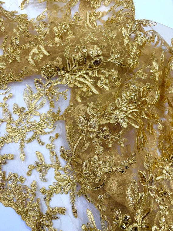 Gold Corded Lace with Butterfly Embroidery and Sequin on Mesh Fabric.-Sold by the yard