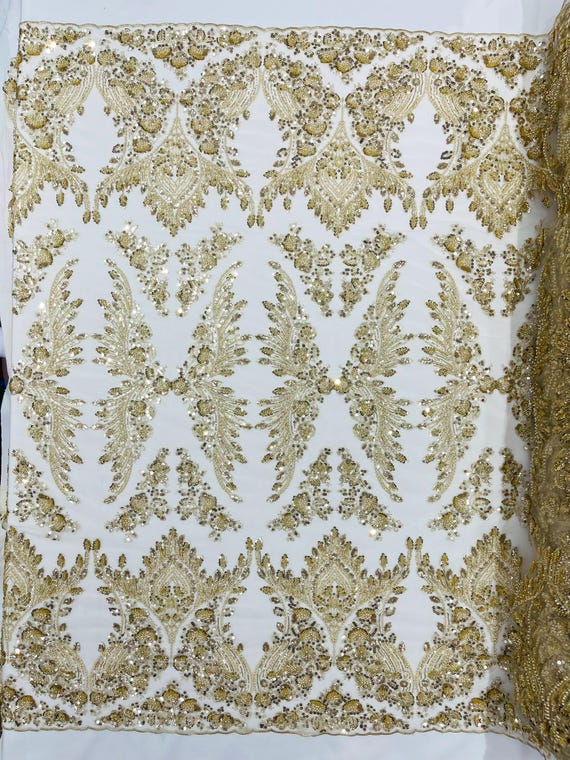 Champagne Gold Damask Wing Design Embroidered Heavy Beaded Lace on 58" Silver Mesh Fabric for Prom, Wedding.