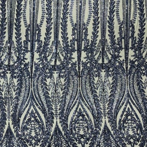 Navy Blue Damask design with sequins embroider on a 4 way stretch mesh fabric