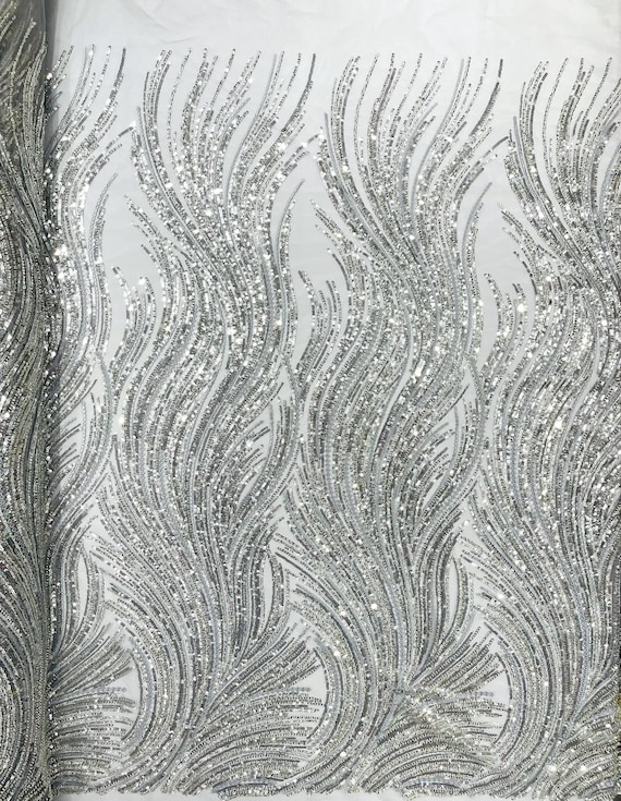 Silver Luxury Flame Beaded Lace Fabric| Prom| Wedding| By The Yard.