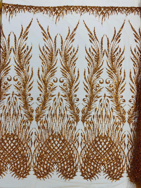 Burnt Orange Feathers damask embroider and heavy beaded on a mesh lace fabric- Sold by the yard