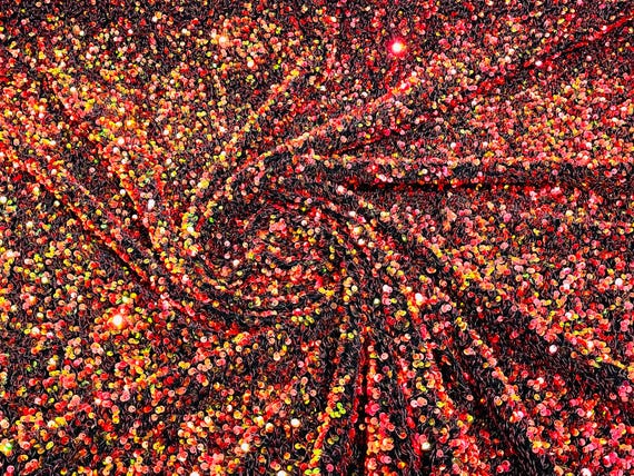 Red Orange Iridescent Black Stretch Velvet with Shiny 5mm Sequins, 54" Wide Fabric Sold by the Yard