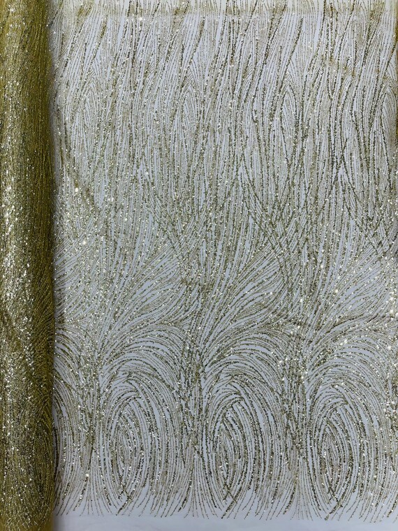 Gold Fashion Glitter Design On A Mesh Lace Fabric/Prom.