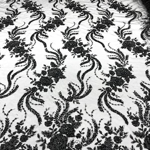 Flowers With Embroider and Heavy Beaded On a Mesh Lace Fabric-Sold By The Yard. Black