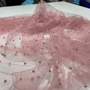 Scattered Pearls Studded with Glitter Mesh, 2-Way Stretch, Sold By the Yard Dusty Pink
