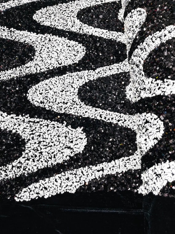 Sequin Wave Design On White stretch velvet all over 5mm shining sequins 2-way stretch, sold by the yard - Black - White.