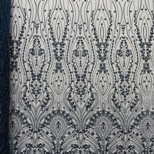 Smoke Blue Modern Luxury Beaded Fabric Embroidered on a Mesh Lace, Sold by The Yard