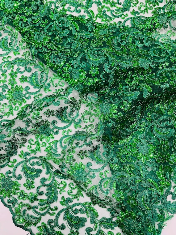 Hunter Green Metallic Corded Flowers Embroider With Sequins On a Mesh Lace Fabric- Sold By The Yard.