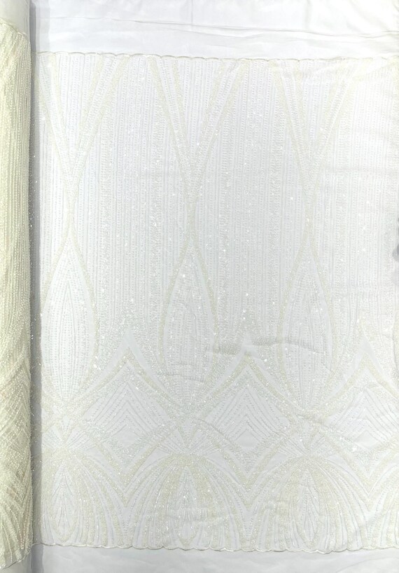 Ivory Geometric New York Fashion Beaded Lace, By The Yard.