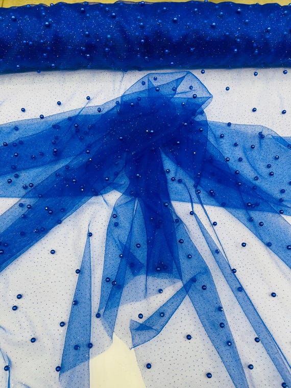 Royal Blue Pearl Glitter Studded Mesh, 2-Way Stretch Shimmer Mesh Fabric, Sold by the yard.
