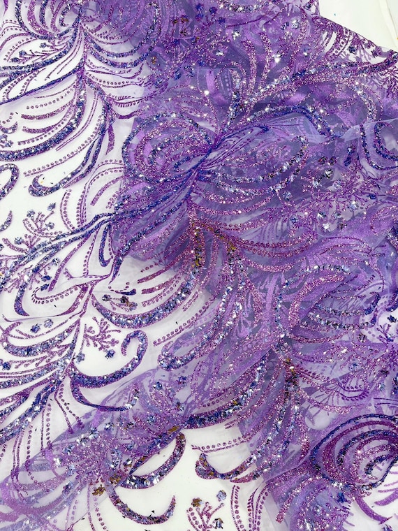 Lilac Palm Glitter Vine Design On A Mesh Lace Fabric 58"' Wide Prom.