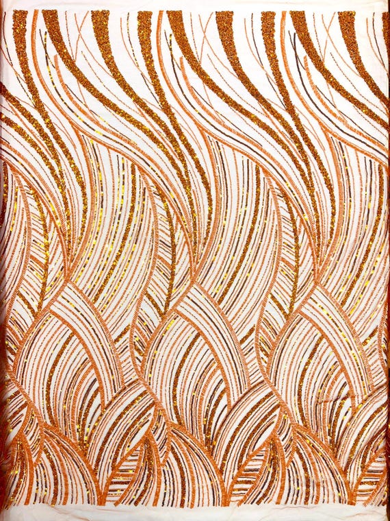 Burnt Orange Luxury Feather Damask Beaded Lace Fabric| Prom| Wedding| By The Yard.