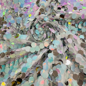 Silver Aqua-Pink Iridescent Round Sequin Paillette On White Mesh Fabric/ 54 Inches Wide/Cosplays Fabric/Prom/Backdrops.