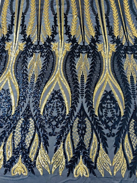 Two Tone Damask Design with Sequins Embroider on a 4 Way Stretch Mesh Fabric-Sold by The Yard. Gold Navy