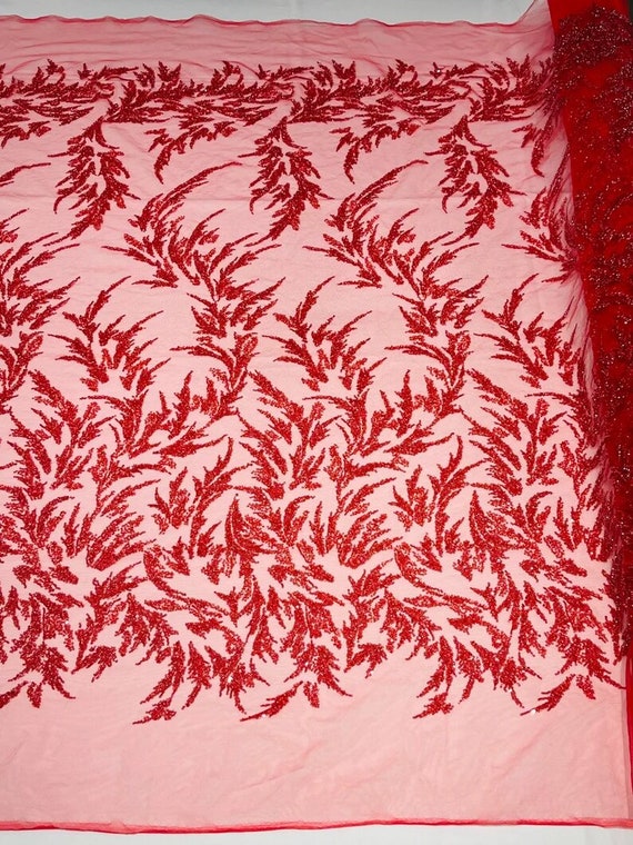 Elegant Hand Beaded Design Embroider on a Glitter Mesh Lace-Prom-Sold By The Yard. Red