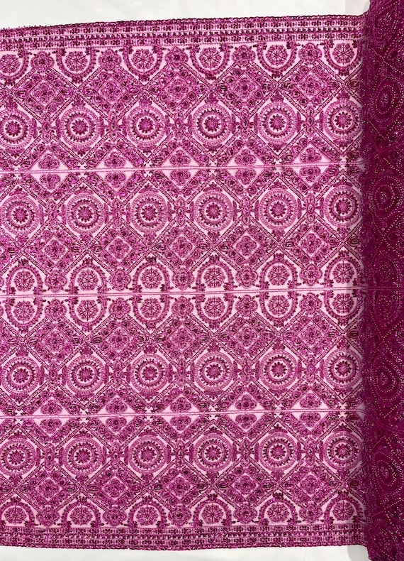 Fuchsia Geometric Beaded Lace Fabric, Heavy Embroidered Mesh for Bridal and Evening Gowns