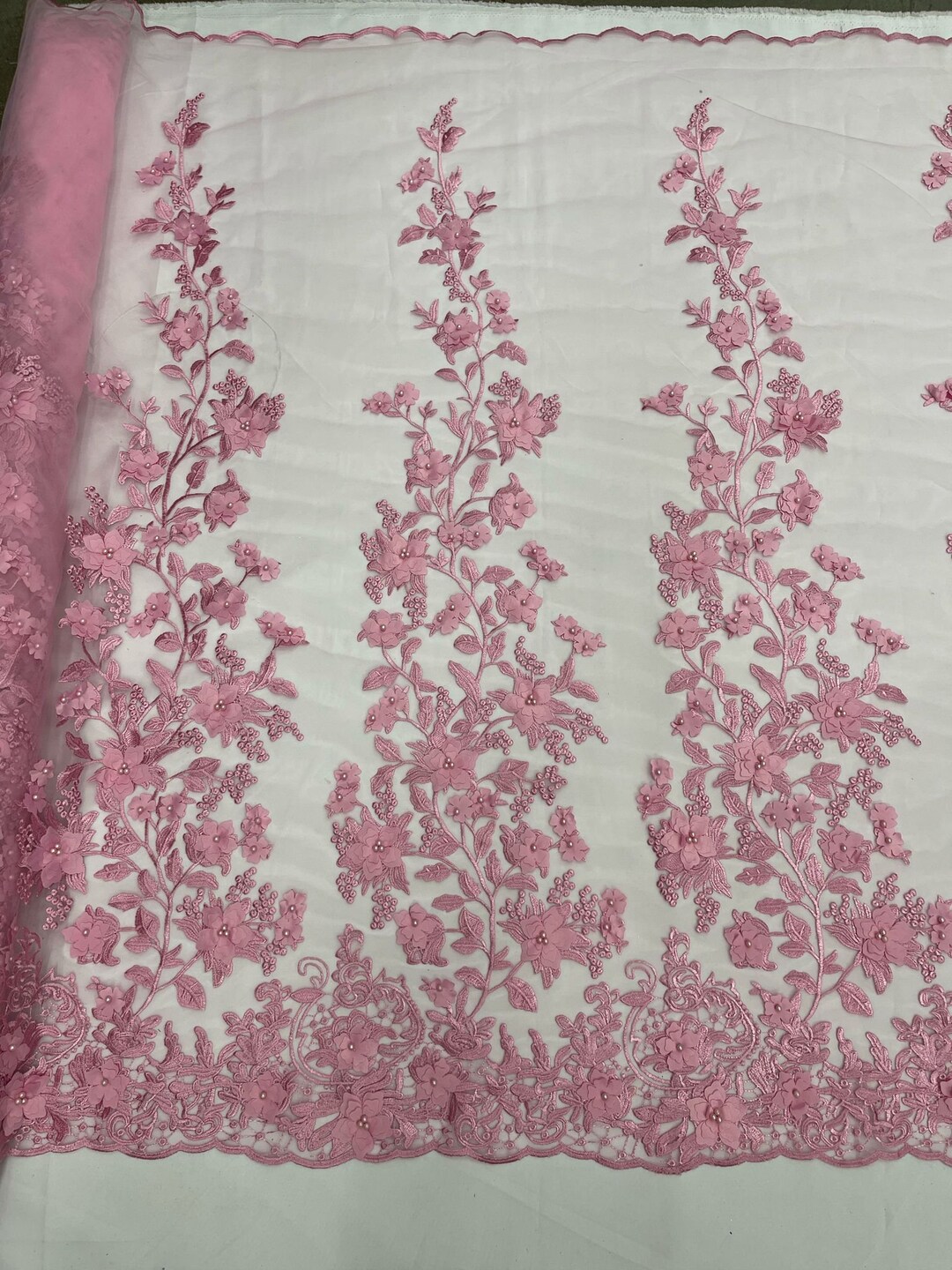 Blush pink 3d floral design embroider with beads and pearls on a mesh lace-prom-nightgown-sold by yard. main image 1